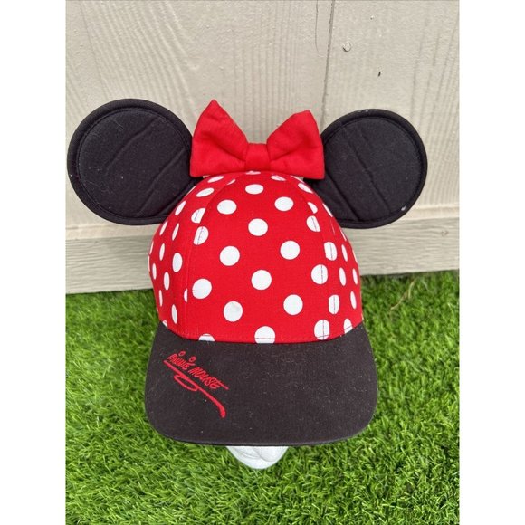 Disney Parks Minnie Mouse Ears Red White Polka Dot Adjustable Youth Hat Cap Bow - Picture 3 of 10